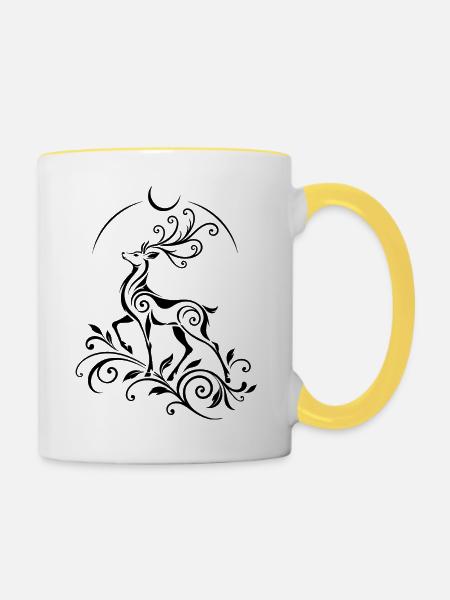 Hirsch mit Mond - Mystisches Waldmotiv - Tasse zweifarbig - Weiß/Gelb