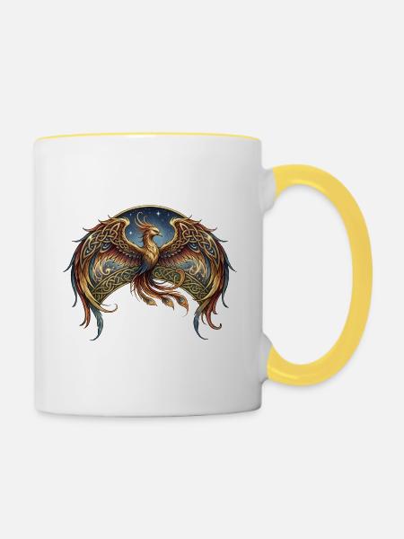 Keltischer Phönix im Sternenflug - Tasse zweifarbig - Weiß/Gelb