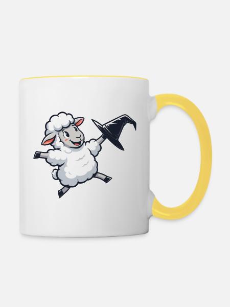 Fliegendes Schäfchen mit Hexenhut - Tasse zweifarbig - Weiß/Gelb