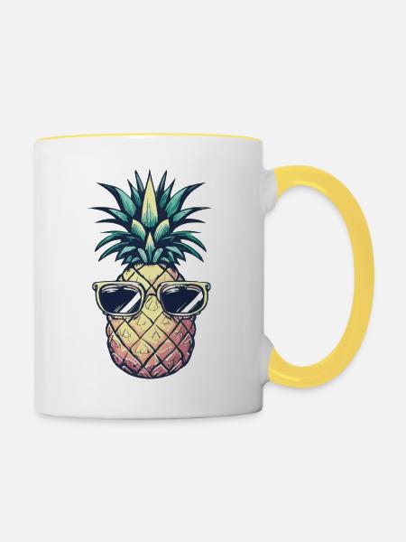 Ananas mit Sonnenbrille – Bunt - Tasse zweifarbig - Weiß/Gelb