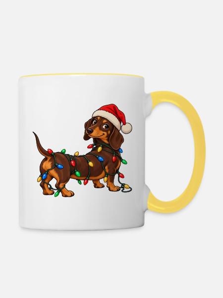 Lustiger Weihnachtsdackel mit bunter Lichterkette - Tasse zweifarbig - Weiß/Gelb
