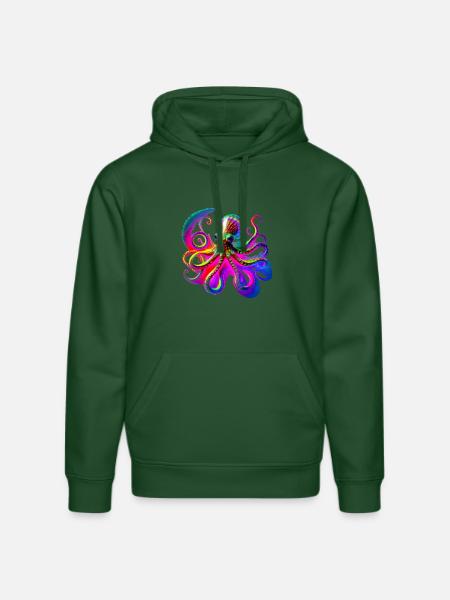 Psychedelic Neon Octopus - Stanley/Stella DRUMMER Unisex Organic Hoodie - bottle green