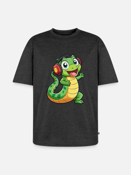 Snake Funny Cartoon Character Headphone Music - Unisex Premium Oversized Organic T-Shirt - heather anthracite