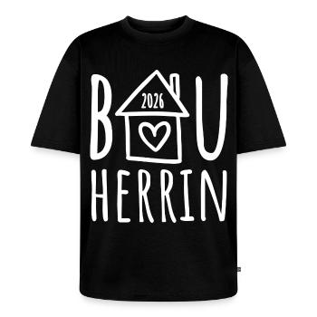 Bauherrin 2026 - Unisex Premium Oversized Bio T-Shirt - Schwarz - Vorne - Thijin (182cm) & Selfina (174cm)