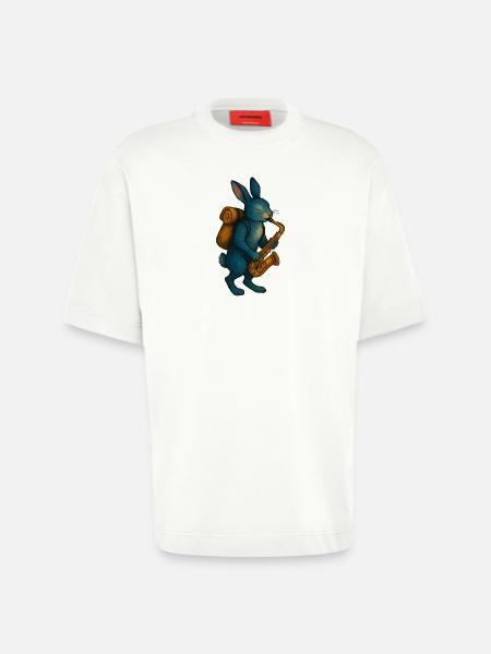 Lapin Bleu avec Saxophone - T-shirt bio épais oversize fabriqué en UE - OFF WHITE