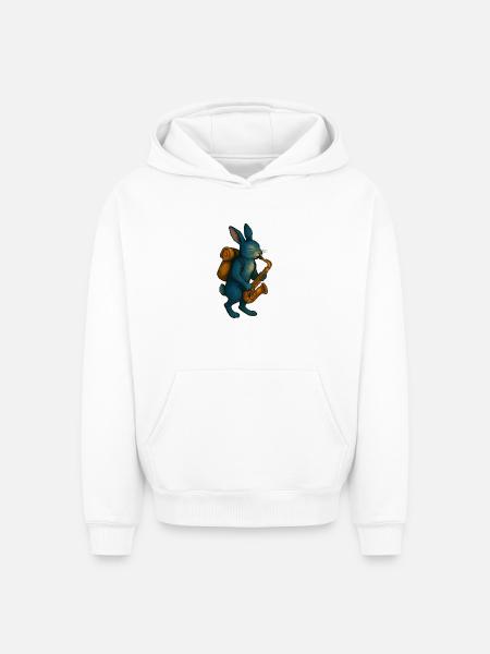 Lapin Bleu avec Saxophone - Sweat à capuche unisexe oversize épais SPREAD - blanc