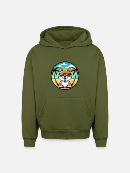 Hokkaido Hondenras Cartoon Zonnebril Strand - Hoodie unisex oversized van zware kwaliteit - kaki