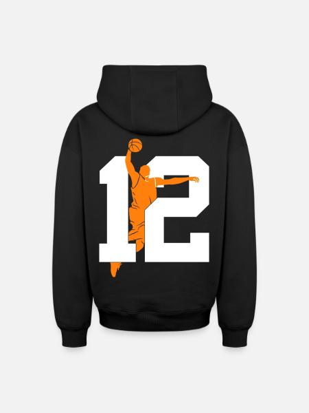 NUMMER 12 BASKETBAL 12E VERJAARDAG - Hoodie unisex met rits oversized van zware kwaliteit - zwart
