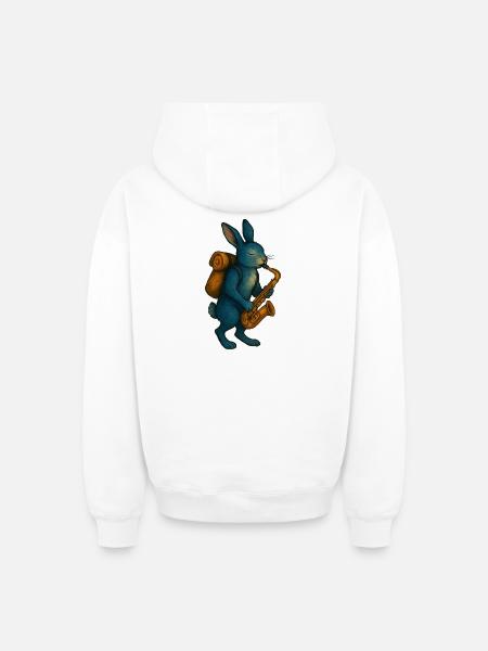 Lapin Bleu avec Saxophone - Sweat à capuche unisexe zippé oversize épais SPREAD - blanc