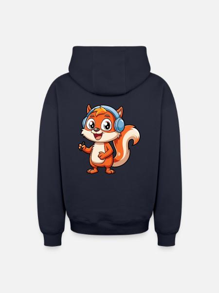 Ekorre Rolig Tecknad Figur Hörlurar Musik - Hoodie unisex med dragkedja oversize kraftig - marinblå