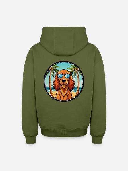 Irsk Setter Hund Race Tegneserie Solbriller Beach - Unisex oversize hættetrøje med lynlås i kraftig kvalitet - khaki