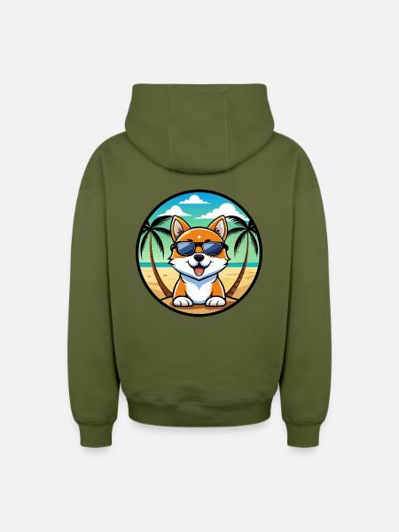 Hokkaido Hondenras Cartoon Zonnebril Strand - Hoodie unisex met rits oversized van zware kwaliteit - kaki