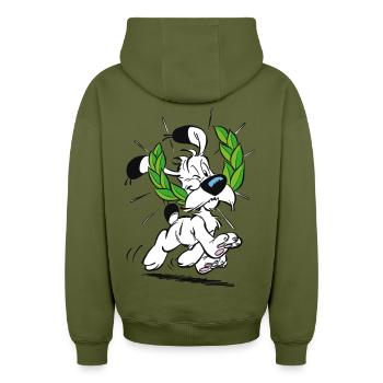 Asterix & Obelix Idefix Mit Lorbeerkranz - Oversized Heavyweight Unisex Zip Hoodie - Khaki - Hinten - AI Model Male 185 dark (185cm)
