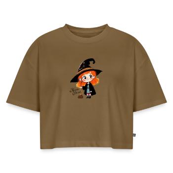 lustige kleine Hexe - Frauen Premium Oversized Bio Cropped T-Shirt - Nussbraun - Vorne - AI Model Female 172 dark (172cm)