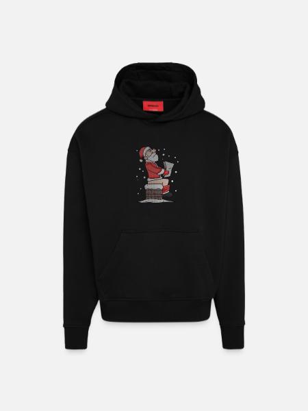 Père Noël assis sur la cheminée drôle - Sweat à capuche bio épais oversize fabriqué en UE - SOLID BLACK