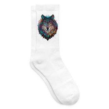 Wolf Mandala Bunt – Nordisches Krafttier - Tennissocken - Weiß - Rechts