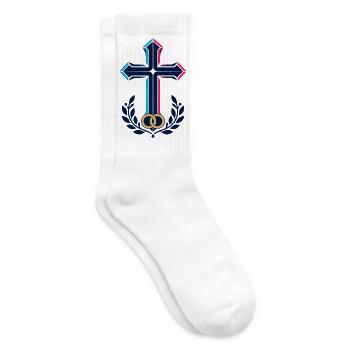 Neon Kreuz mit Lorbeerring - Tennissocken - Weiß - Rechts