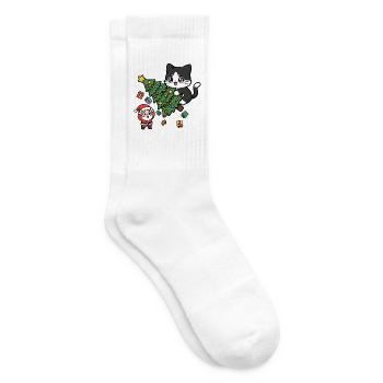 Weihnachtskatze umarmt festlichen Baum - Tennissocken - Weiß - Rechts