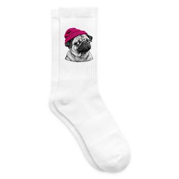 Pug im Pink Beanie - Tennissocken - Weiß - Rechts
