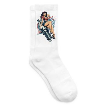 Vintage Hot Rod Pin-Up: Mechanikerin auf Zündkerze - Tennissocken - Weiß - Rechts