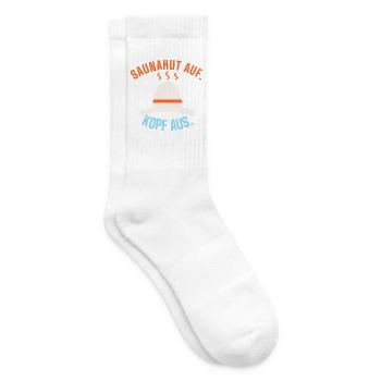 Saunahut auf. Kopf aus. Lustiger Saunaspruch - Tennissocken - Weiß - Rechts