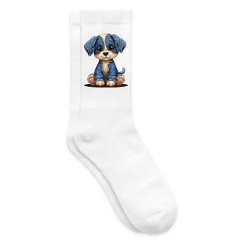 Süßer Welpe im blauen Jeans-Patchwork - Tennissocken - Weiß - Rechts