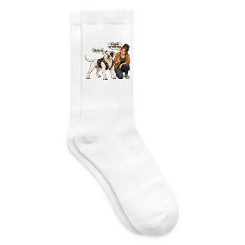 Biker-Bulldog_mit_skeptischer_Halterin - Tennissocken - Weiß - Rechts