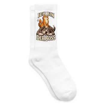 Bosskatze auf Hund – Cartoon Humor - Tennissocken - Weiß - Rechts