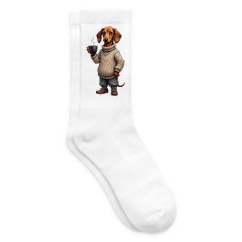 Müder Dackel mit Kaffeebecher – Gravur ohne Text - Tennissocken - Weiß - Rechts