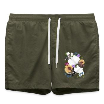 Bücher mit Blumen und Schmetterlinge - Badeshorts - Olive - Vorne - AI Model Male 185 light (185cm)