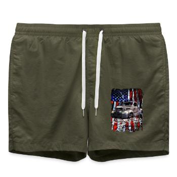 Vintage Truck Flaggen Hintergrund - Badeshorts - Olive - Vorne - AI Model Male 185 light (185cm)
