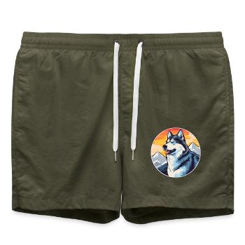 Seppala Sibirischer Schlittenhund Hunderasse Karikatur Kawaii - Badeshorts - Olive - Vorne - AI Model Male 185 light (185cm)