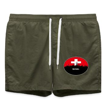Basel-Schweiz-Flaggen-Skyline-Schattenbild-Reise - Badeshorts - Olive - Vorne - AI Model Male 185 light (185cm)
