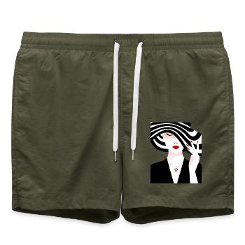 Frau mit schwarz weiß gestreiftem Hut - Badeshorts - Olive - Vorne - AI Model Male 185 light (185cm)