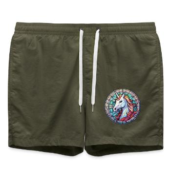 Einhorn bunte Aquarell Tier Illustration - Badeshorts - Olive - Vorne - AI Model Male 185 light (185cm)