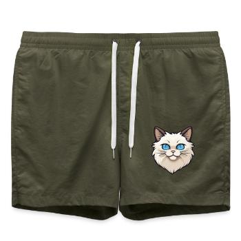 Birma Heilige Katze Karikatur Aquarell Illustration - Badeshorts - Olive - Vorne - AI Model Male 185 light (185cm)