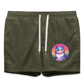 Bambino Katze Bunte Karikatur Aquarell Illustrati - Badeshorts - Olive - Vorne - AI Model Male 185 light (185cm)