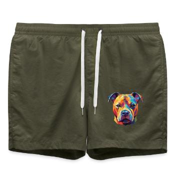 Staffordshire Bullterrier Staffie Hund Aquarell - Badeshorts - Olive - Vorne - AI Model Male 185 light (185cm)