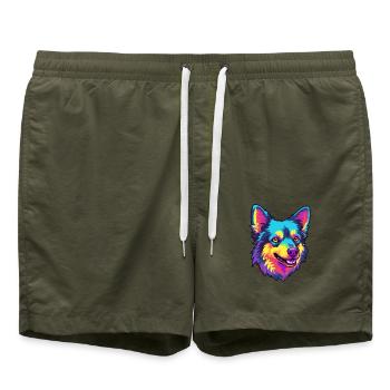 Mudi Hunderasse Karikatur Kawaii Illustration - Badeshorts - Olive - Vorne - AI Model Male 185 light (185cm)