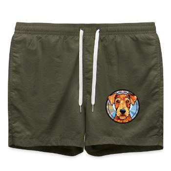 Airedale Terrier Hunderasse Aquarell Illustration - Badeshorts - Olive - Vorne - AI Model Male 185 light (185cm)