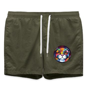 Scottish Fold Kurzhaar Katze buntes Aquarell - Badeshorts - Olive - Vorne - AI Model Male 185 light (185cm)