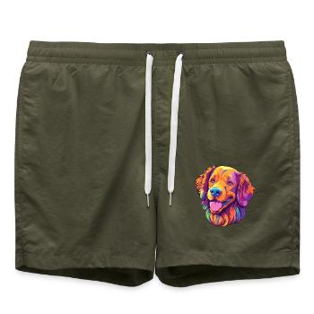 Hovawart Hunderasse Cartoon Kawaii Illustration - Badeshorts - Olive - Vorne - AI Model Male 185 light (185cm)