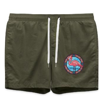 Flamingo bunte Aquarell-Tierillustration - Badeshorts - Olive - Vorne - AI Model Male 185 light (185cm)