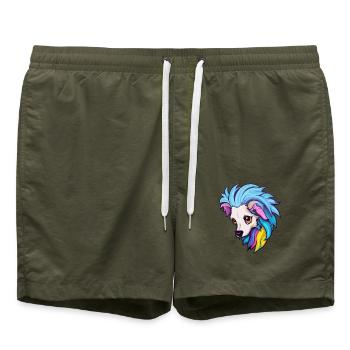 Chinesische Schopfhunderasse Cartoon Kawaii Illustrat - Badeshorts - Olive - Vorne - AI Model Male 185 light (185cm)
