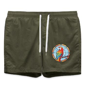 Papagei, Buntes, Aquarell, Tier, Haustier, Illustration - Badeshorts - Olive - Vorne - AI Model Male 185 light (185cm)