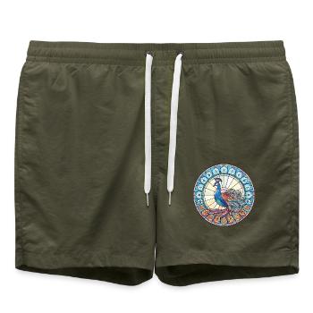 Pfau Buntes Aquarell Tier Illustration - Badeshorts - Olive - Vorne - AI Model Male 185 light (185cm)