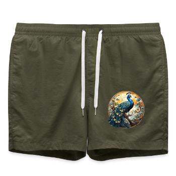 Pfauenbunte Aquarell-Tierillustration - Badeshorts - Olive - Vorne - AI Model Male 185 light (185cm)