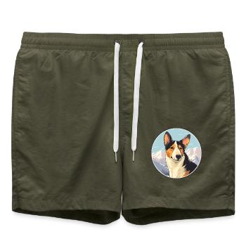 Glatter Collie Hund Rasse Cartoon Kawaii Aquarell - Badeshorts - Olive - Vorne - AI Model Male 185 light (185cm)