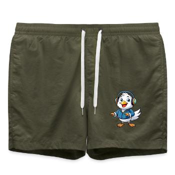 Seagull Funny Cartoon Character Headphone Music - Swim Trunks - olive - Front - AI Model Male 185 light (185cm)