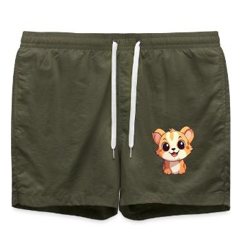 Niedliche Baby-Katze-Cartoon-Aquarell-Illustration - Badeshorts - Olive - Vorne - AI Model Male 185 light (185cm)